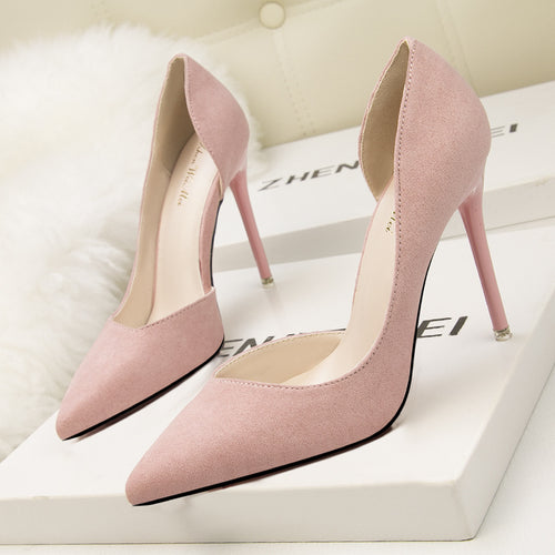 8915-3 Korean-style fashionable and simple low-heeled high-heeled suede women's shoes with slim toe shape, pointed tip, side sexy hollow design, suitable for slimming effect.