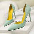 8915-3 Korean-style fashionable and simple low-heeled high-heeled suede women's shoes with slim toe shape, pointed tip, side sexy hollow design, suitable for slimming effect.