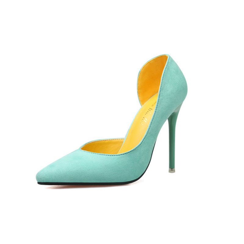 8915-3 Korean-style fashionable and simple low-heeled high-heeled suede women's shoes with slim toe shape, pointed tip, side sexy hollow design, suitable for slimming effect.