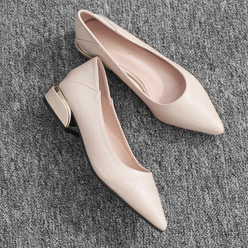 New style metal-head professional work shoes - elegant pointed-toe single shoes in black with thick heels - suitable for long working hours, not tiring the feet and made of durable leather.