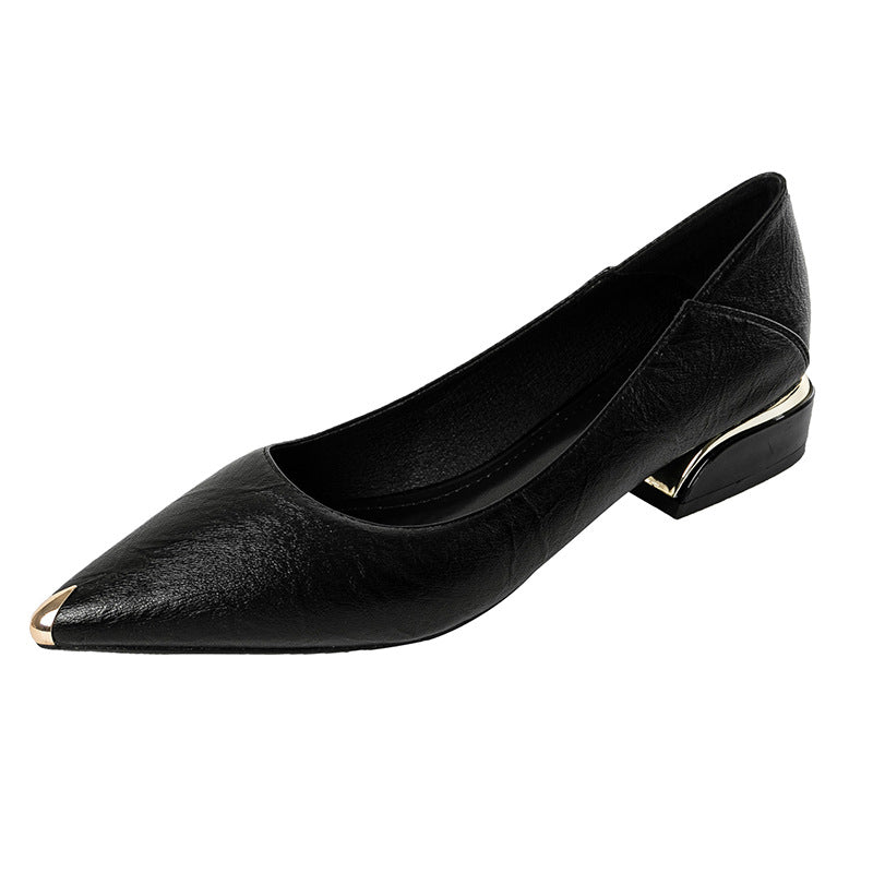 New style metal-head professional work shoes - elegant pointed-toe single shoes in black with thick heels - suitable for long working hours, not tiring the feet and made of durable leather.