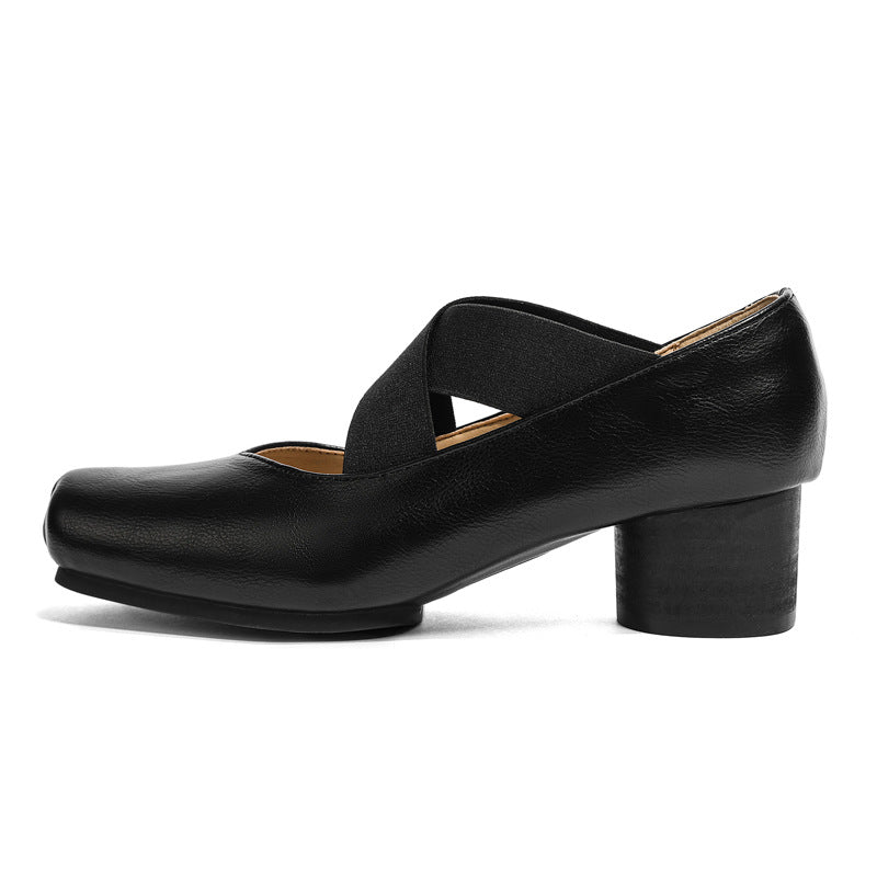7-centimeter ballet ballet flats with high heels, genuine leather, single shoes, retro French-style pig-nose thick heel, cross-laced Mary Jane shoes for women