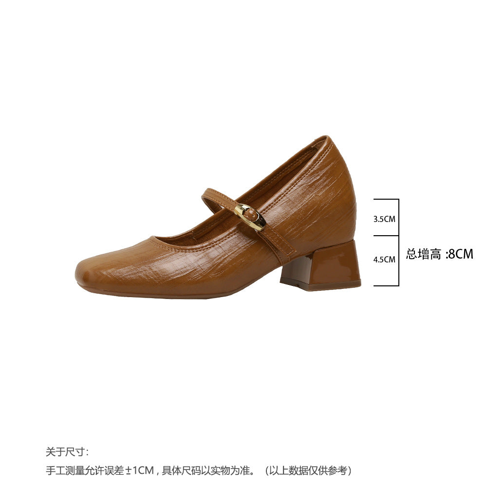 High-8cm Mary Jane shoes for women, new 2026 spring/summer style, square toe, one-piece buttoned strap, versatile for casual wear.