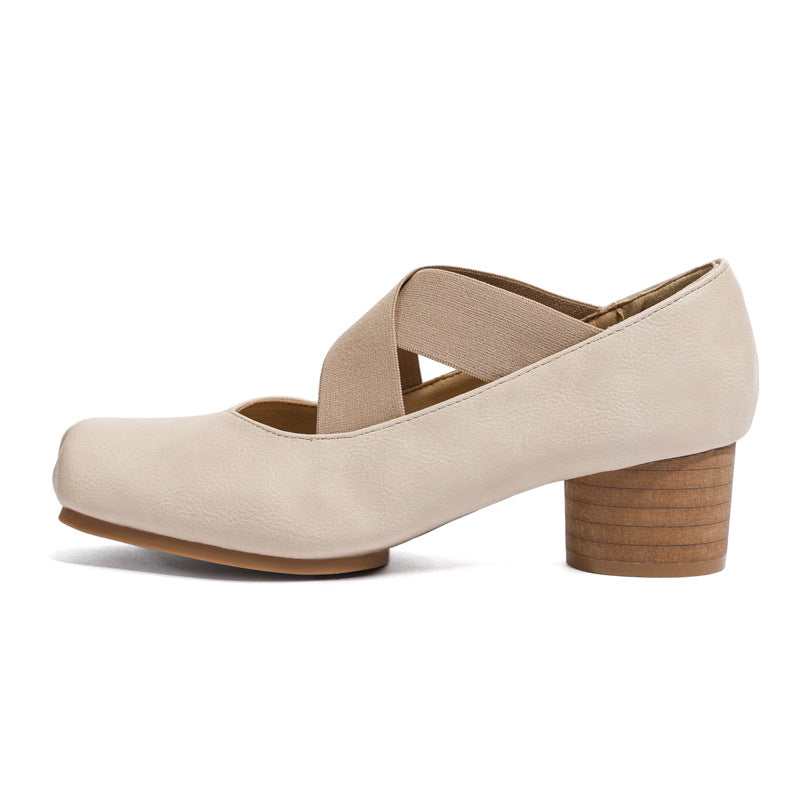 7-centimeter ballet ballet flats with high heels, genuine leather, single shoes, retro French-style pig-nose thick heel, cross-laced Mary Jane shoes for women
