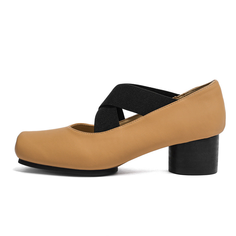 7-centimeter ballet ballet flats with high heels, genuine leather, single shoes, retro French-style pig-nose thick heel, cross-laced Mary Jane shoes for women