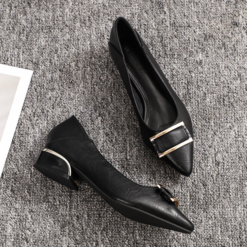 New style metal-head professional work shoes - elegant pointed-toe single shoes in black with thick heels - suitable for long working hours, not tiring the feet and made of durable leather.