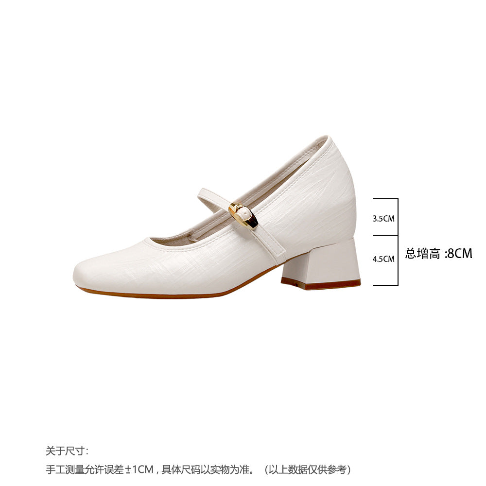 High-8cm Mary Jane shoes for women, new 2026 spring/summer style, square toe, one-piece buttoned strap, versatile for casual wear.