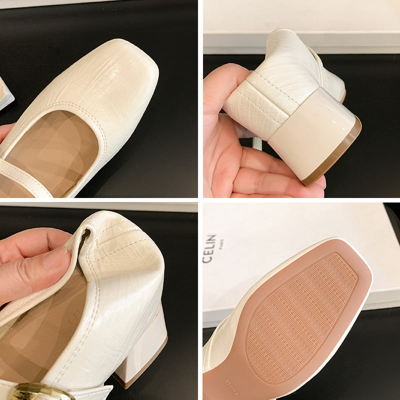 High-8cm Mary Jane shoes for women, new 2026 spring/summer style, square toe, one-piece buttoned strap, versatile for casual wear.