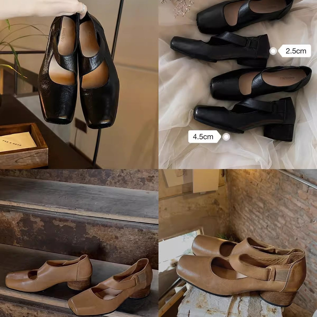 Soft sheepskin retro distressed genuine leather square-toe chunky heel women's Mary Jane flats ballet shoes with pig snout design