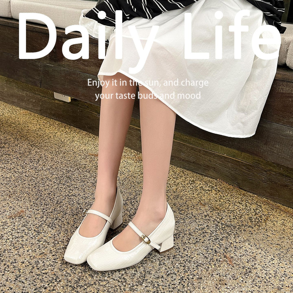 High-8cm Mary Jane shoes for women, new 2026 spring/summer style, square toe, one-piece buttoned strap, versatile for casual wear.