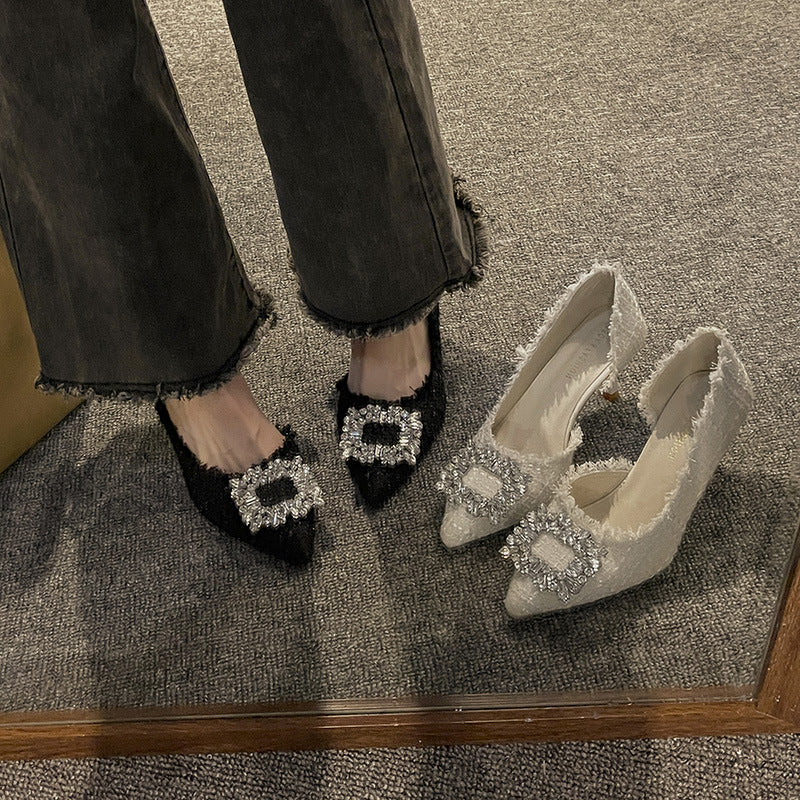 Women's high heels 2025 summer new style small batch design French pointed shoes thin heel small Chanel style rhinestone single shoes