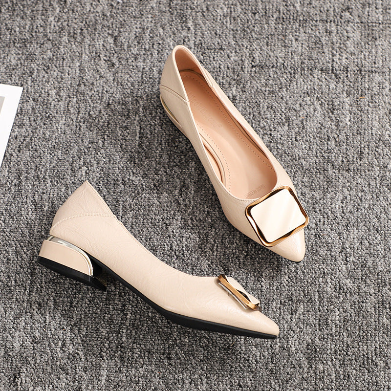 New style metal-head professional work shoes - elegant pointed-toe single shoes in black with thick heels - suitable for long working hours, not tiring the feet and made of durable leather.