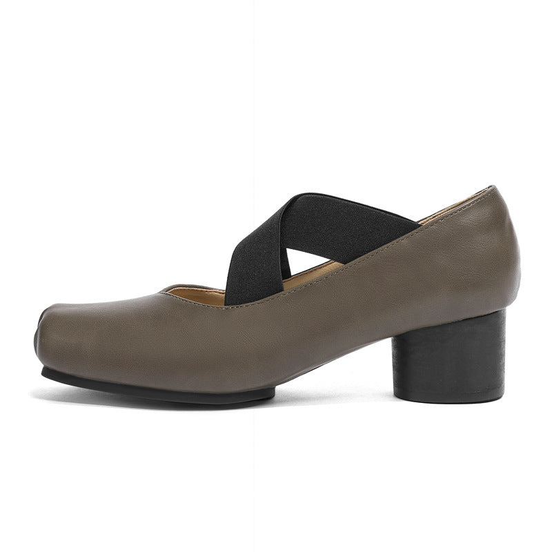 7-centimeter ballet ballet flats with high heels, genuine leather, single shoes, retro French-style pig-nose thick heel, cross-laced Mary Jane shoes for women