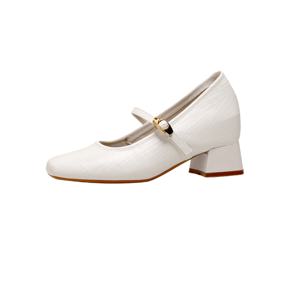 High-8cm Mary Jane shoes for women, new 2026 spring/summer style, square toe, one-piece buttoned strap, versatile for casual wear.