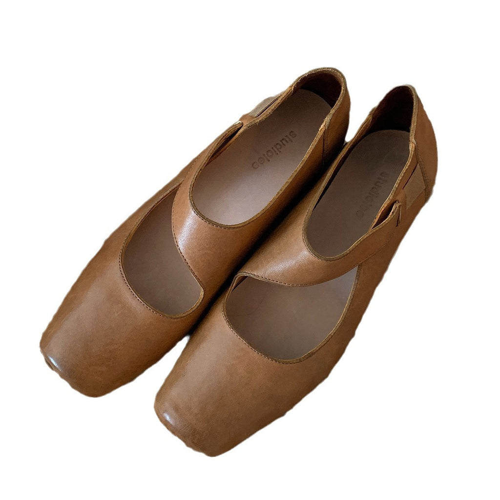 Soft sheepskin retro distressed genuine leather square-toe chunky heel women's Mary Jane flats ballet shoes with pig snout design