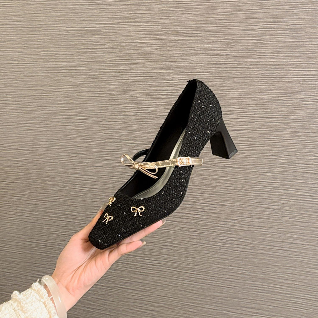 6413 High Heel Women's Thick Heels 2026 New Square-Toe Mary Jane Shoes French Butterfly Knot Embroidered Upper Simple Shoes