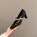6413 High Heel Women's Thick Heels 2026 New Square-Toe Mary Jane Shoes French Butterfly Knot Embroidered Upper Simple Shoes