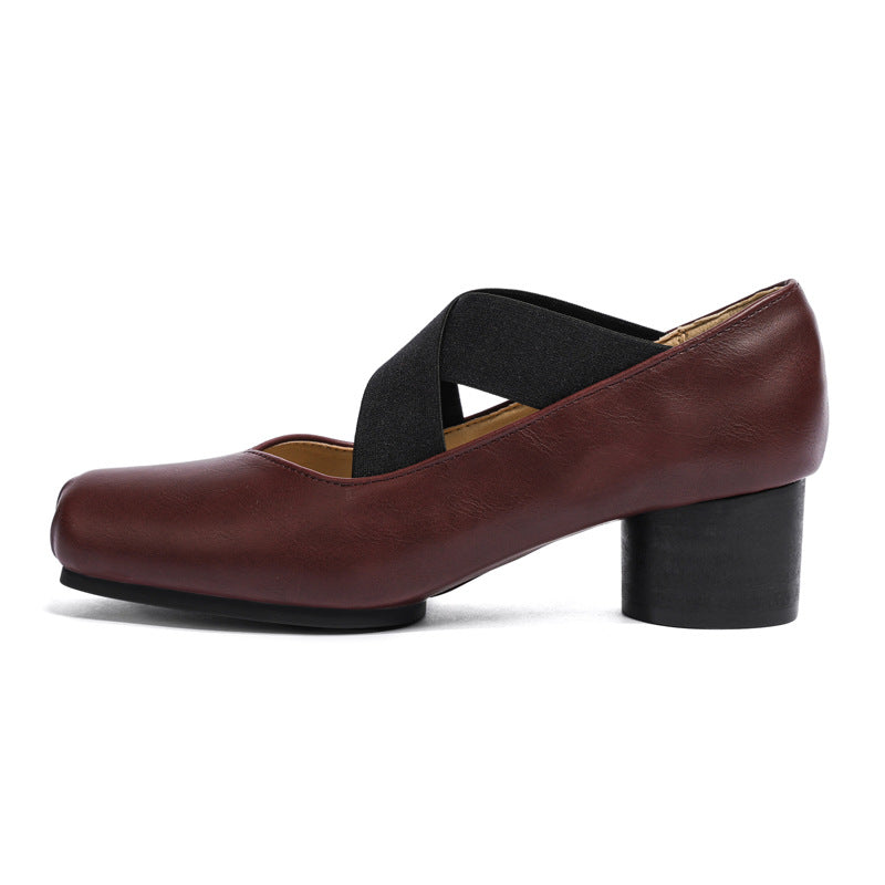 7-centimeter ballet ballet flats with high heels, genuine leather, single shoes, retro French-style pig-nose thick heel, cross-laced Mary Jane shoes for women