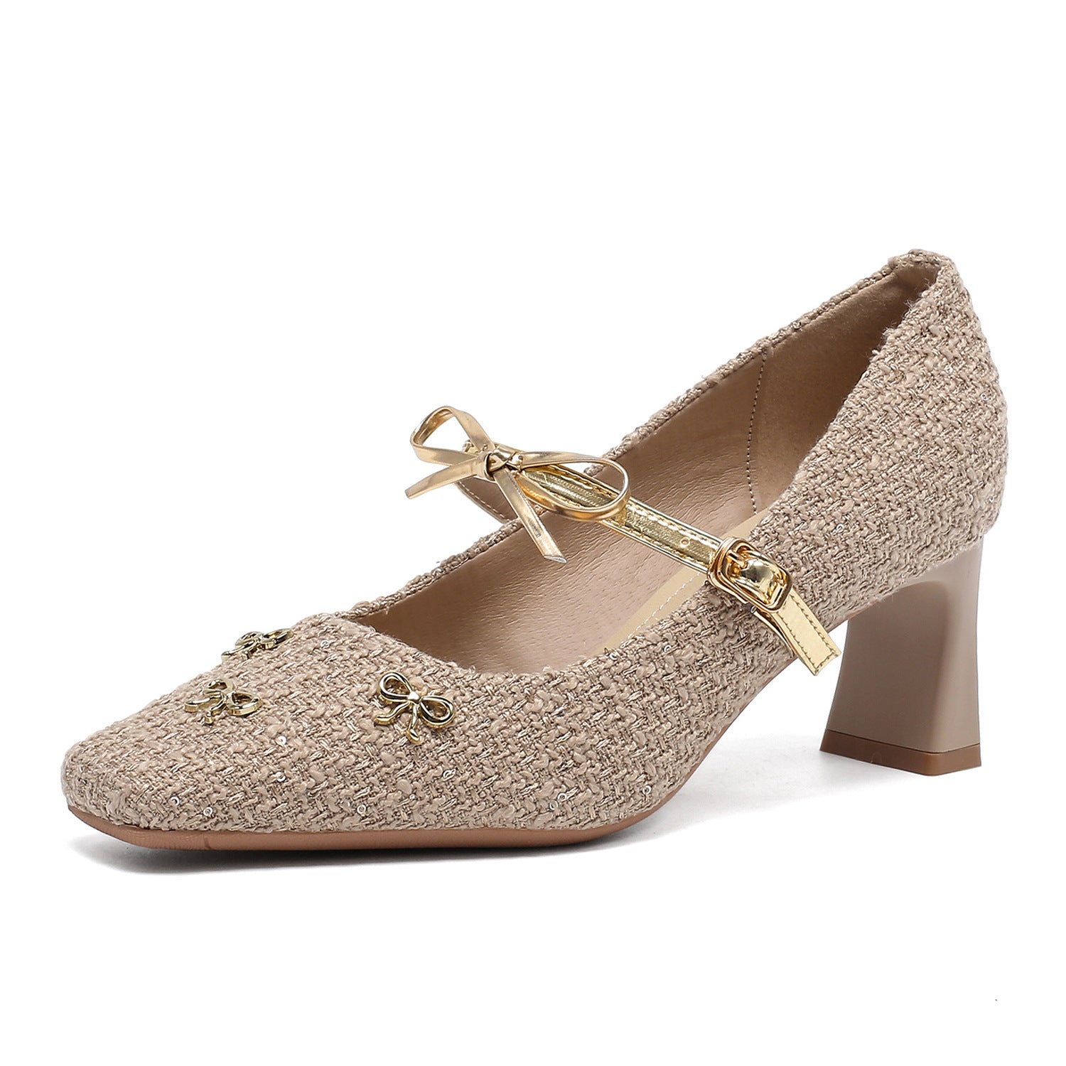 6413 High Heel Women's Thick Heels 2026 New Square-Toe Mary Jane Shoes French Butterfly Knot Embroidered Upper Simple Shoes