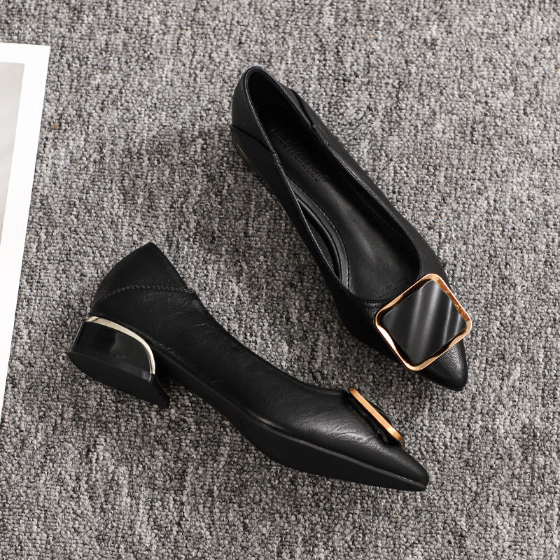New style metal-head professional work shoes - elegant pointed-toe single shoes in black with thick heels - suitable for long working hours, not tiring the feet and made of durable leather.