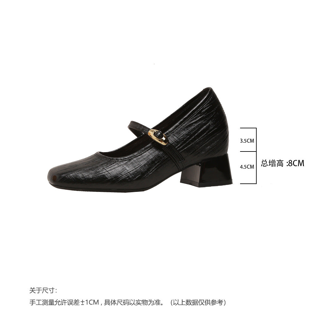 High-8cm Mary Jane shoes for women, new 2026 spring/summer style, square toe, one-piece buttoned strap, versatile for casual wear.