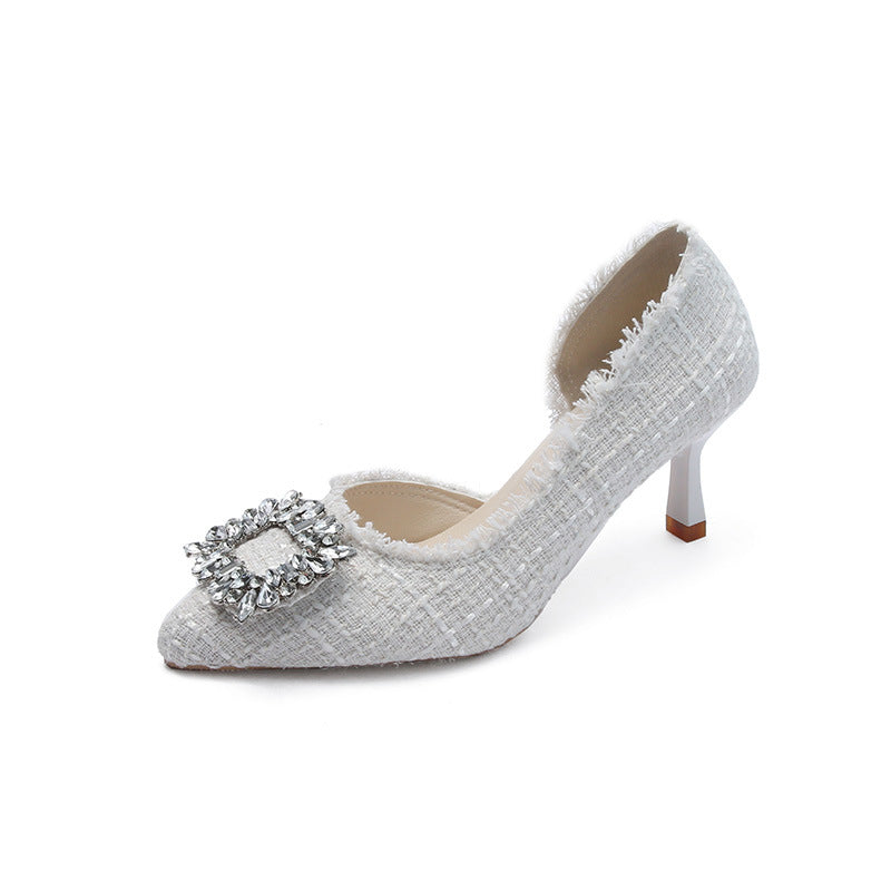 Women's high heels 2025 summer new style small batch design French pointed shoes thin heel small Chanel style rhinestone single shoes